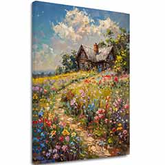Ζωγραφική σε καμβά Εξοχικό σπίτι σε ένα χωράφι με λουλούδια | Ακρυλικό λεπτομέρειες